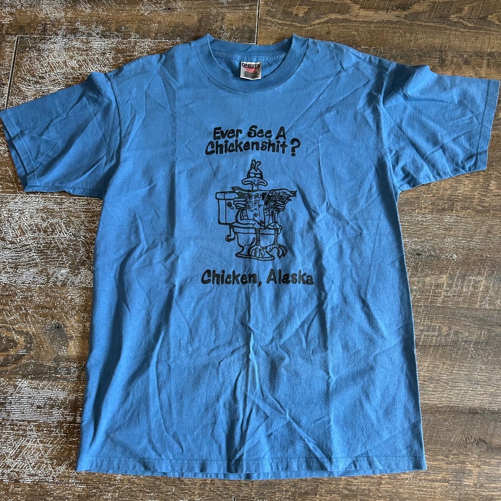 Oneita Power-T Vintage Chicken Alaska Chickenshit Graphic T-Shirt Blue Large